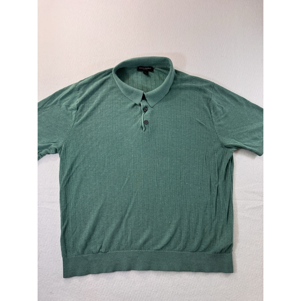 Banana Republic Mens Solare Sweater Polo L Green Ribbed Silk Linen Blend Preppy